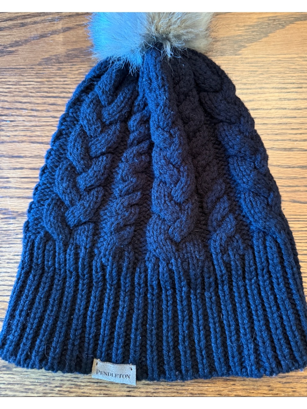 Pendleton Cable Knit Beanie Faux Fur Pom lambs Wool Blend Black